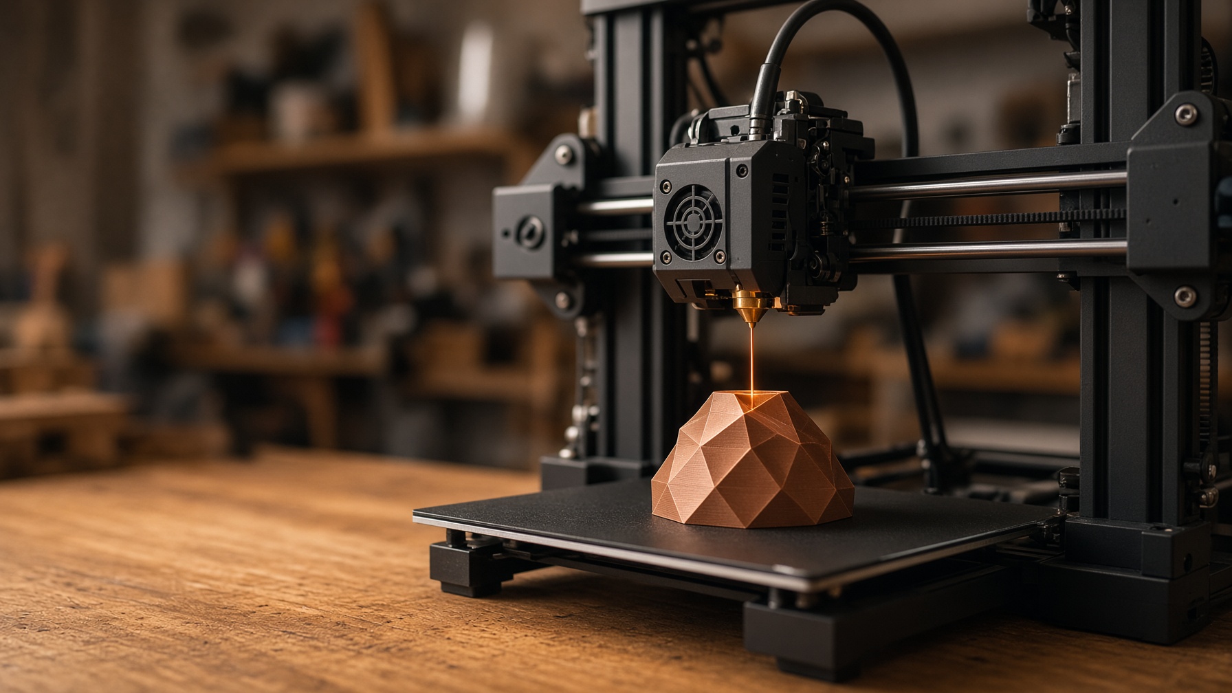 A desktop printer laying down a copper-coloured print on the workbench
